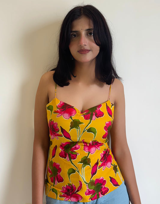 Vibrant Floral Yellow Spaghetti Top