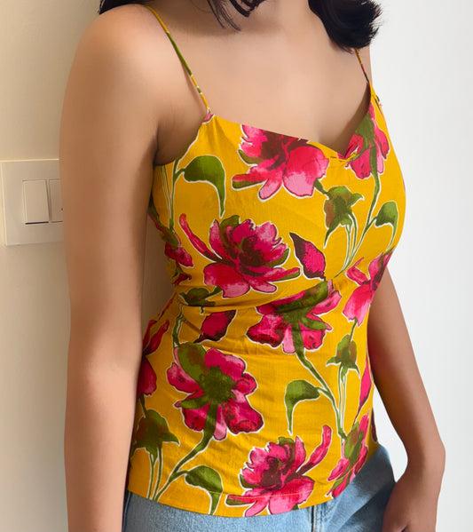 Vibrant Floral Yellow Spaghetti Top