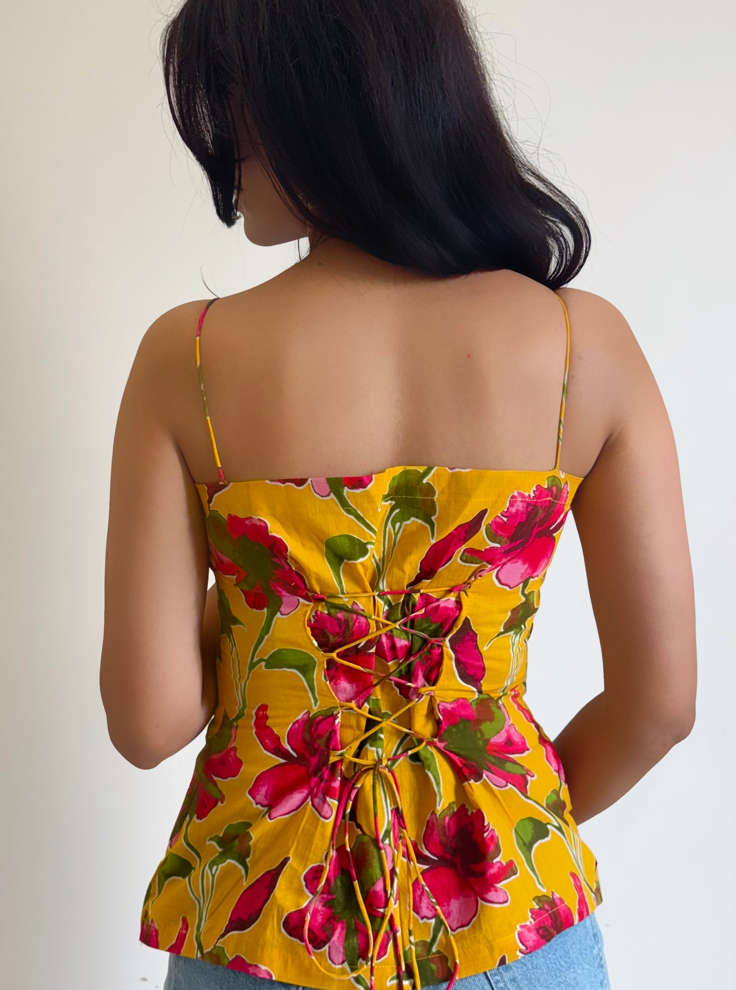 Vibrant Floral Yellow Spaghetti Top
